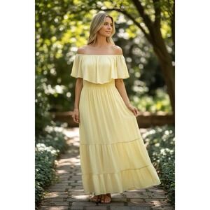 Venus Dress Womens 12 Butter Yellow Off Shoulder Ruffle Tiered Maxi Chiffon
